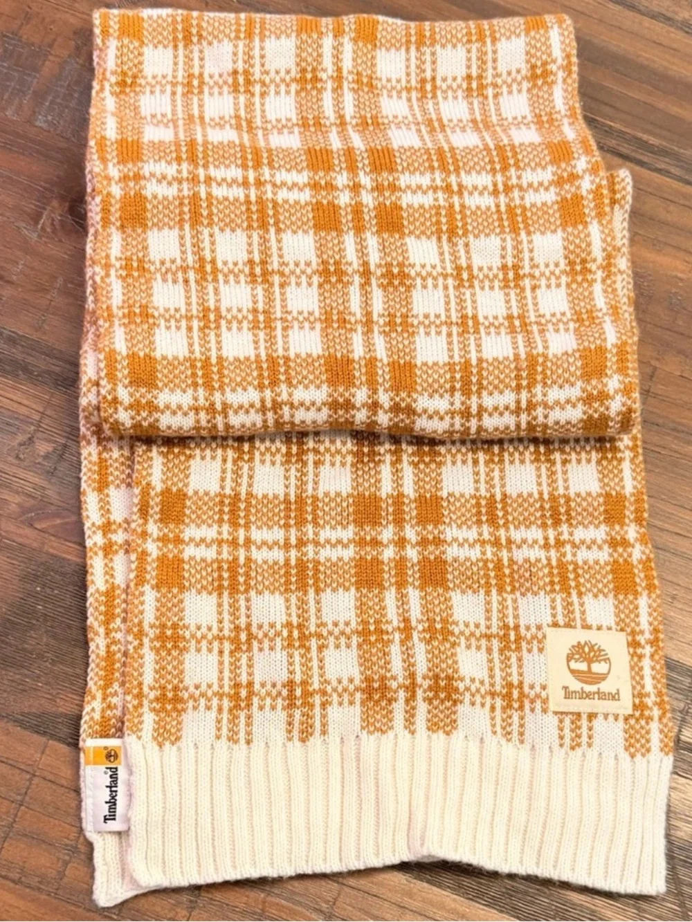 Timberland Plaid Knit Scarf Tan Cream Logo Patch Winter Unisex 60”